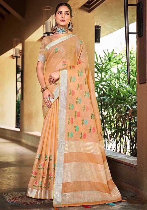 Orange Woven Linen Saree Set