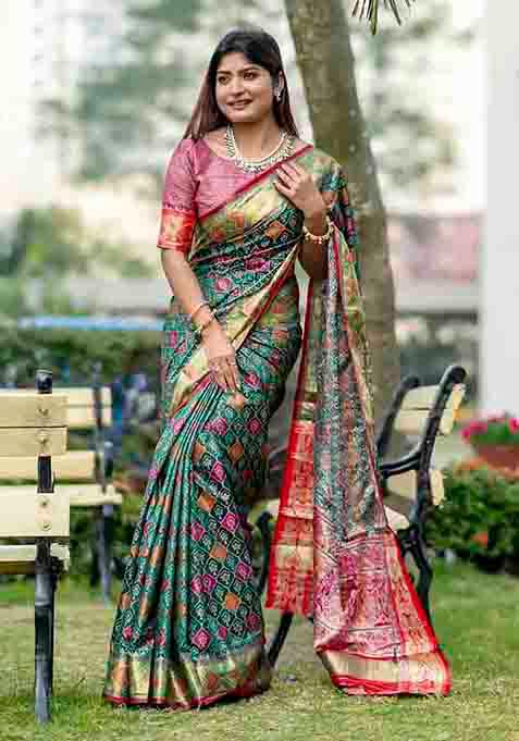 Green Woven Silk Saree Set