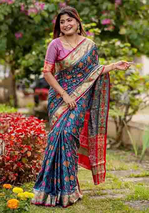 Teal Blue Woven Silk Saree Set