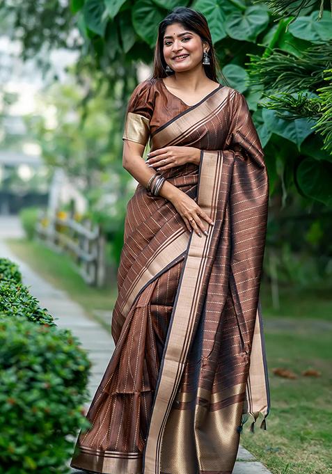 Brown Woven Silk Saree Set