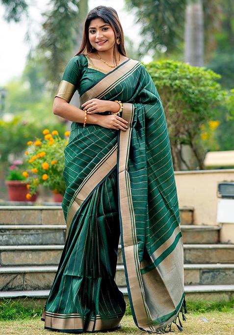 Green Woven Silk Saree Set