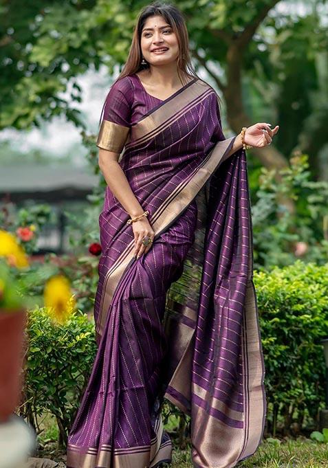 Purple Woven Silk Saree Set