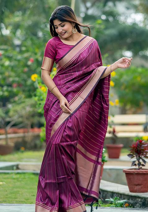 Pink Woven Silk Saree Set