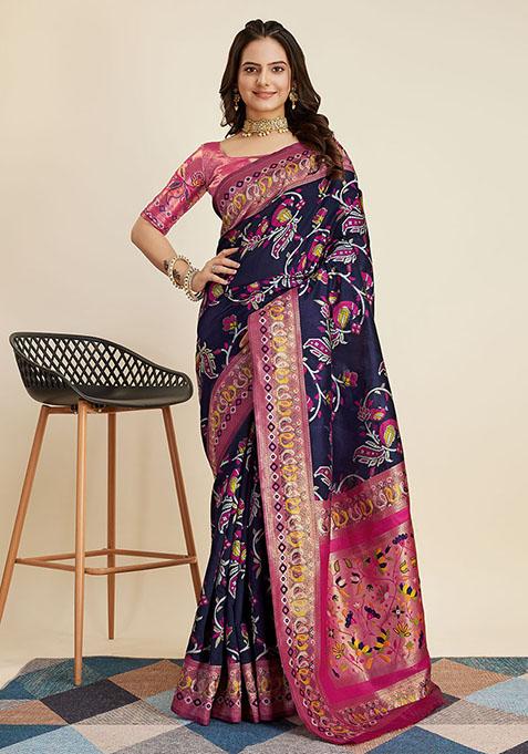 Blue Woven Banarasi Silk Saree Set