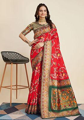 Red Woven Banarasi Silk Saree Set