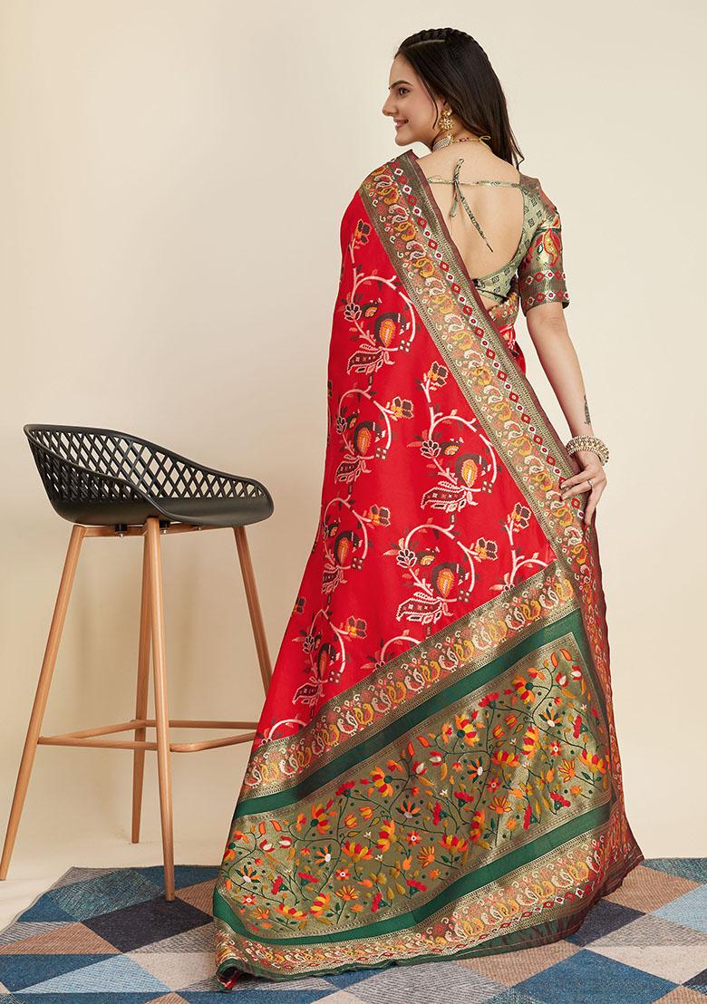 Red Woven Banarasi Silk Saree Set