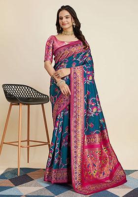 Teal Blue Woven Banarasi Silk Saree Set