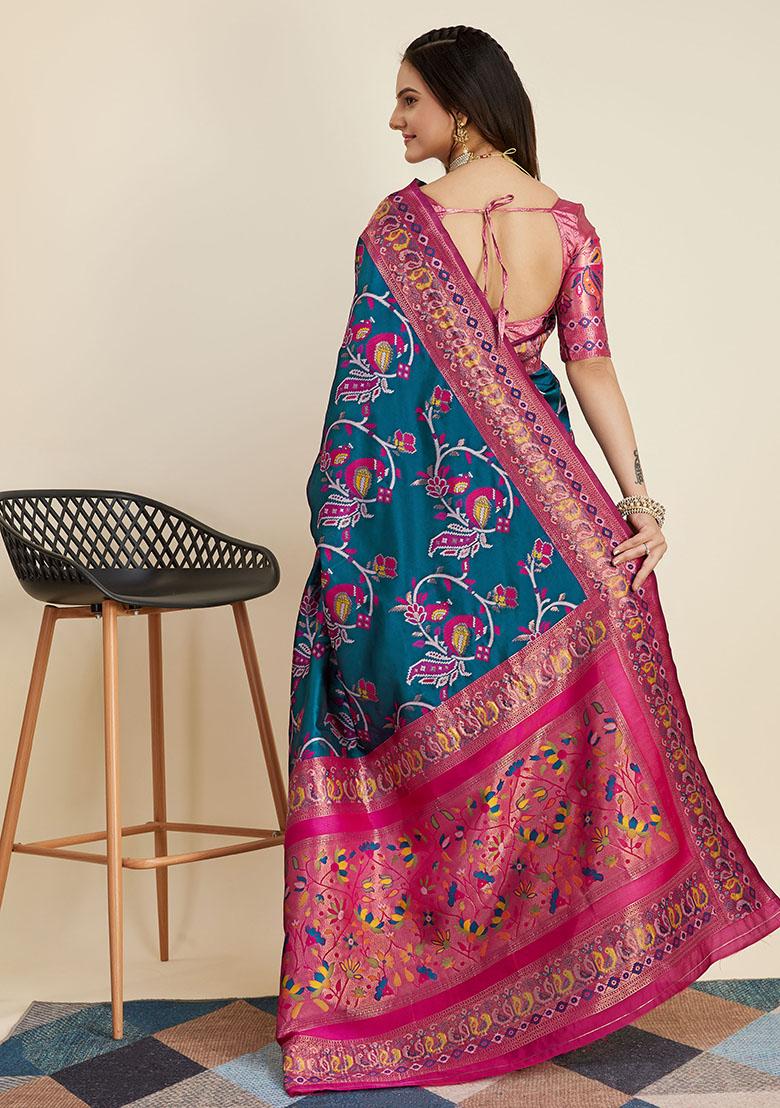 Teal Blue Woven Banarasi Silk Saree Set