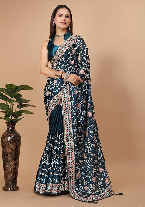 Blue Embroidered Art Silk Saree Set