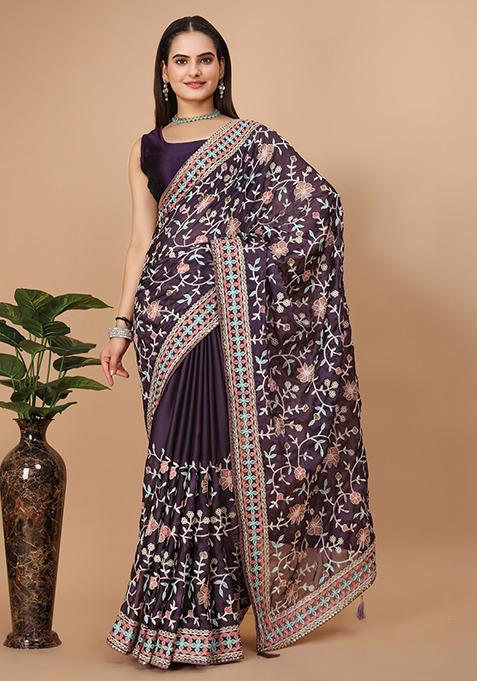 Purple Embroidered Art Silk Saree Set