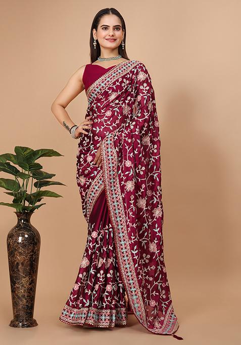 Maroon Embroidered Art Silk Saree Set