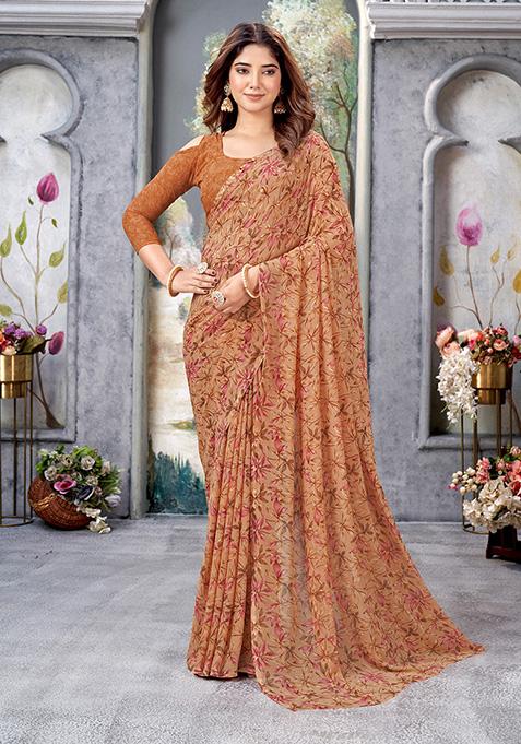 Brown Printed Georgette Saree Set