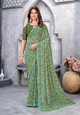 Green Printed Georgette Saree Set