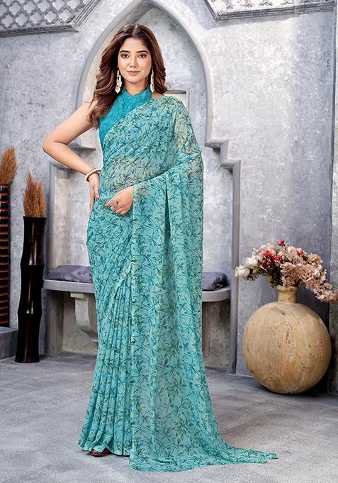 Blue Printed Georgette Saree Set