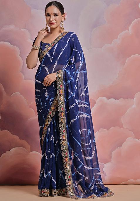 Blue Embroidered Georgette Saree Set