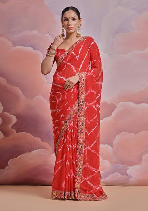 Red Embroidered Georgette Saree Set