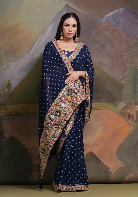 Blue Embroidered Georgette Saree Set