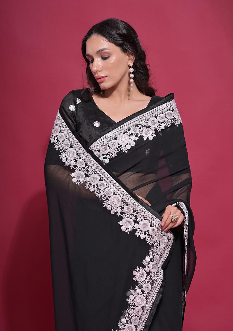 Black Embroidered Georgette Saree Set