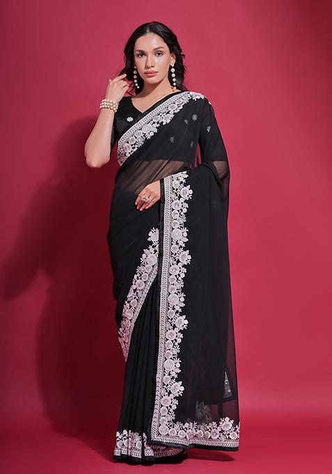 Black Embroidered Georgette Saree Set