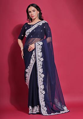Blue Embroidered Georgette Saree Set