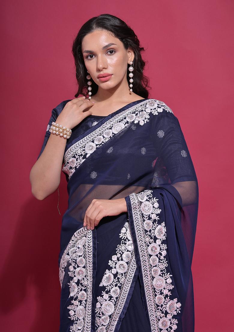 Blue Embroidered Georgette Saree Set