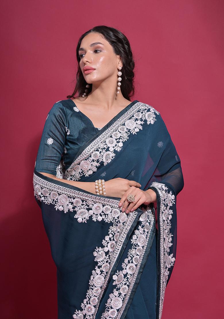 Teal Blue Embroidered Georgette Saree Set