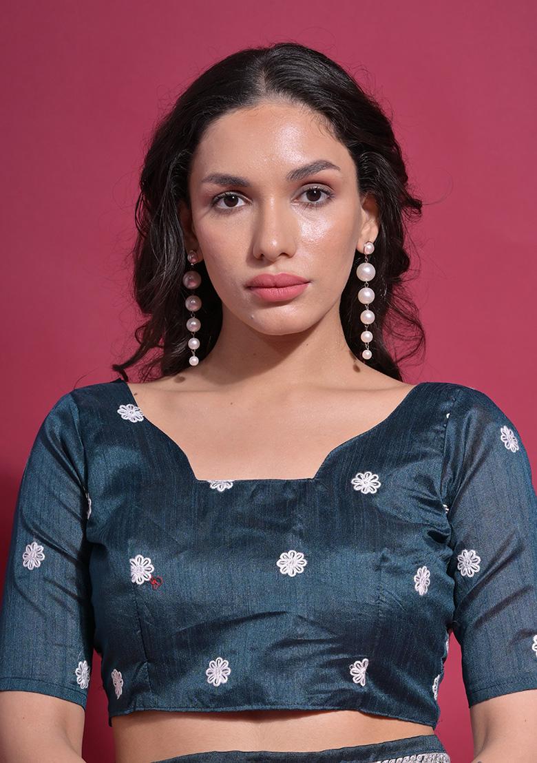 Teal Blue Embroidered Georgette Saree Set