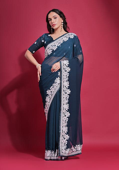 Teal Blue Embroidered Georgette Saree Set