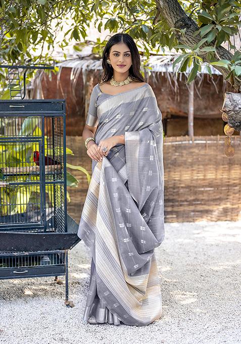 Grey Woven Silk Saree Set