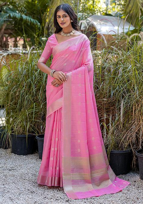 Pink Woven Silk Saree Set