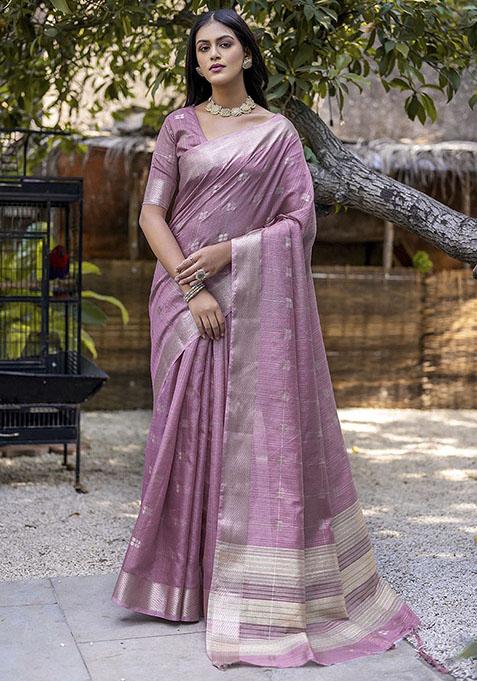 Purple Woven Silk Saree Set