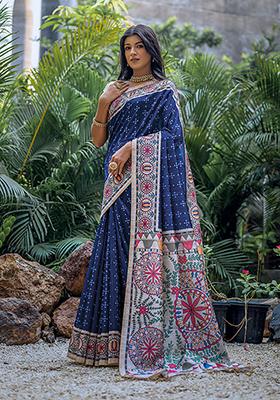 Blue Printed Silk Saree Set