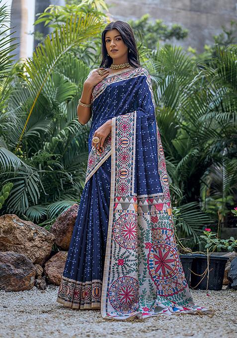 Blue Printed Silk Saree Set