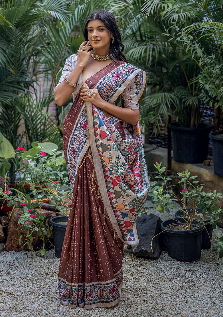 Coffee Silk Saree Set with Printed for Diwali | Wedding & Festive Wear - Indya