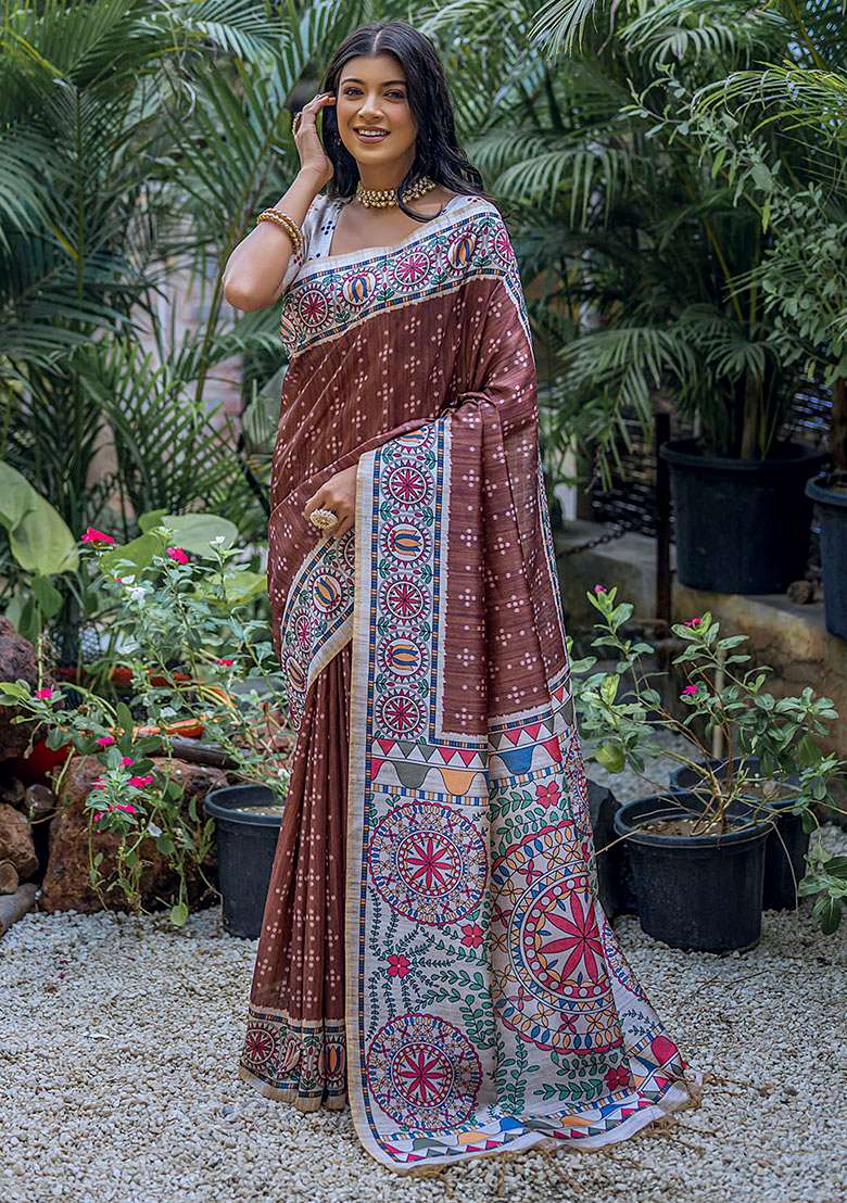 Coffee Silk Saree Set with Printed for Diwali | Wedding & Festive Wear - Indya