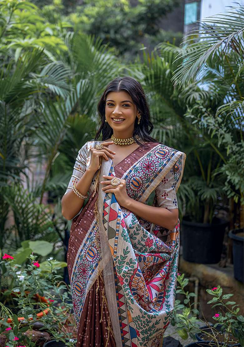 Coffee Silk Saree Set with Printed for Diwali | Wedding & Festive Wear - Indya