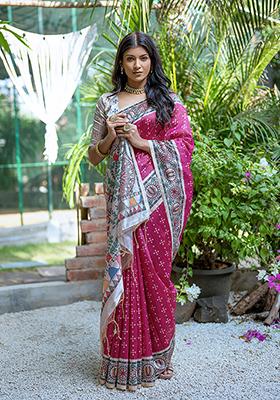 Pink Printed Silk Saree Set