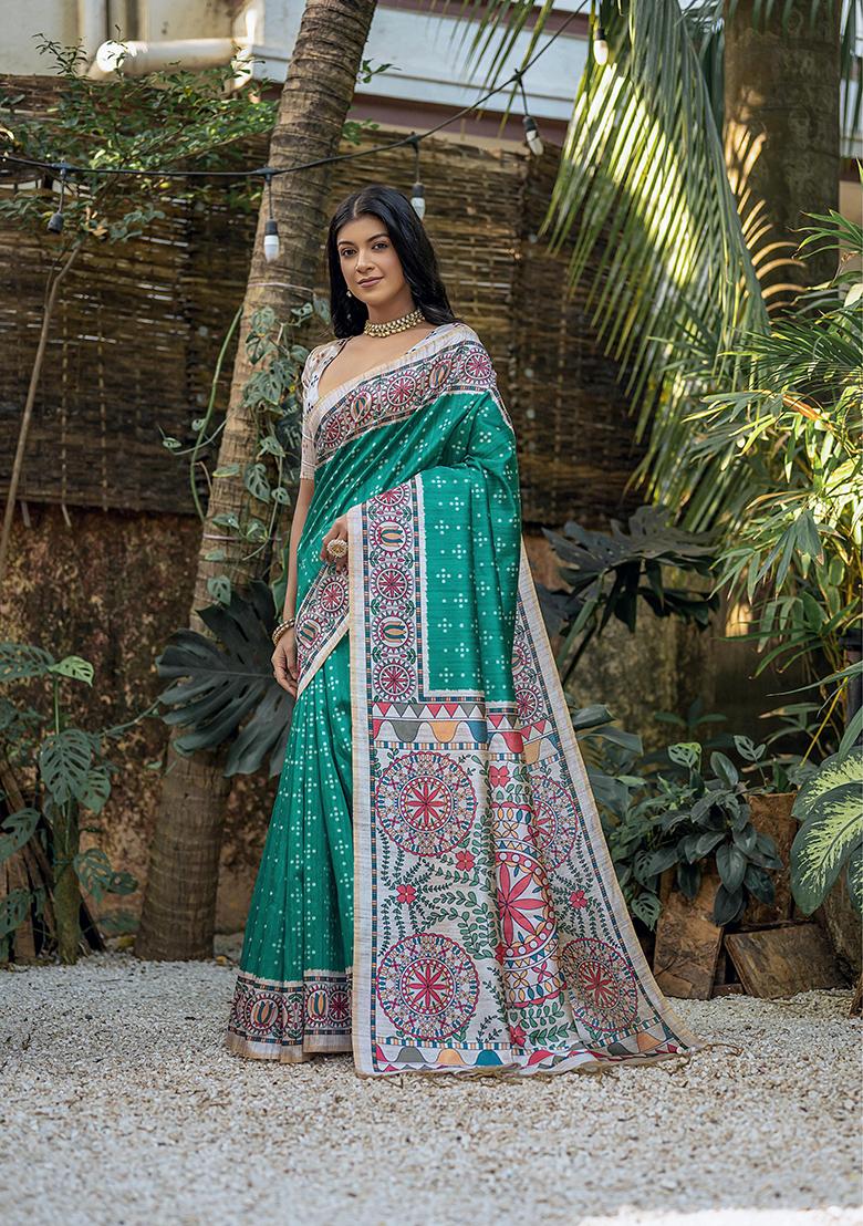 Green Printed Silk Saree Set