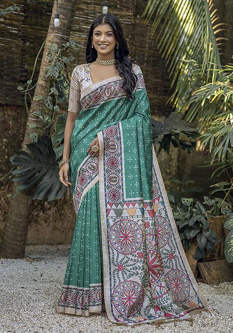 Green Printed Silk Saree Set