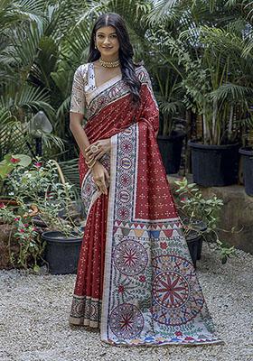 Red Printed Silk Saree Set