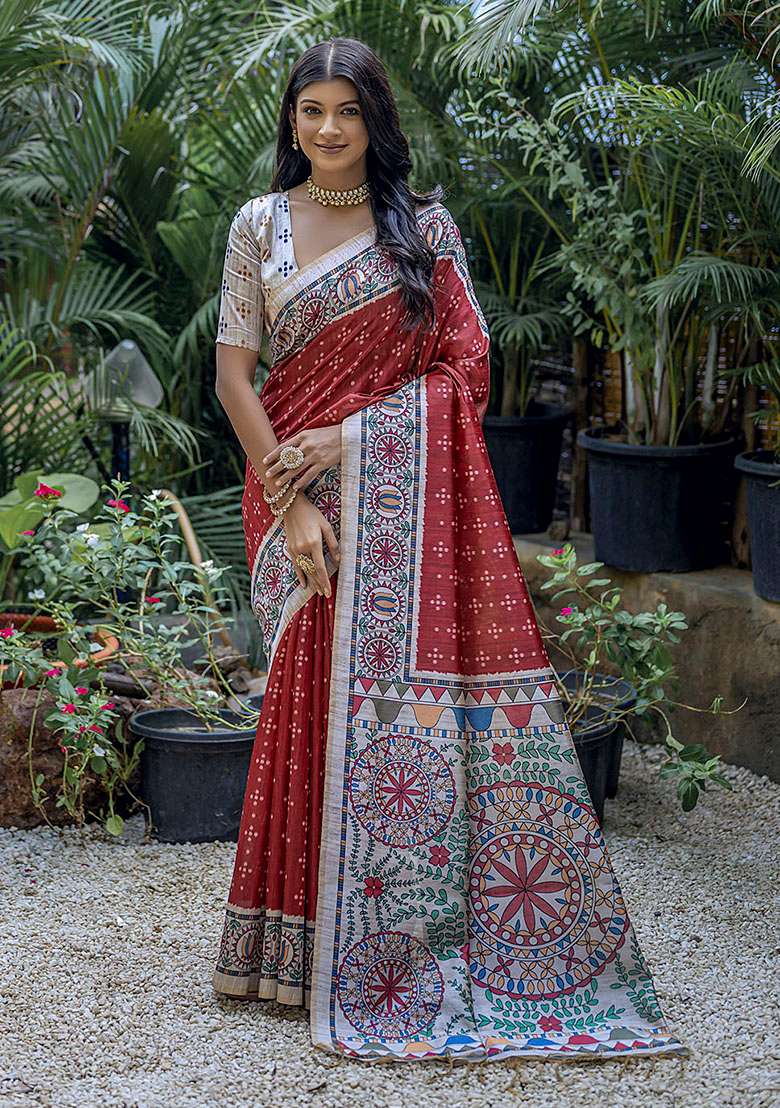 Red Printed Silk Saree Set for Diwali and Festive Wear - Indya