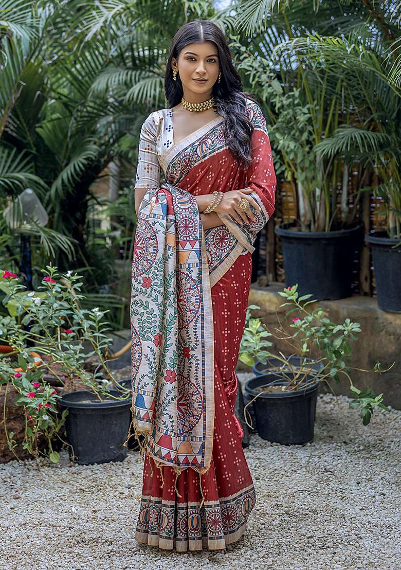 Red Printed Silk Saree Set for Diwali and Festive Wear - Indya