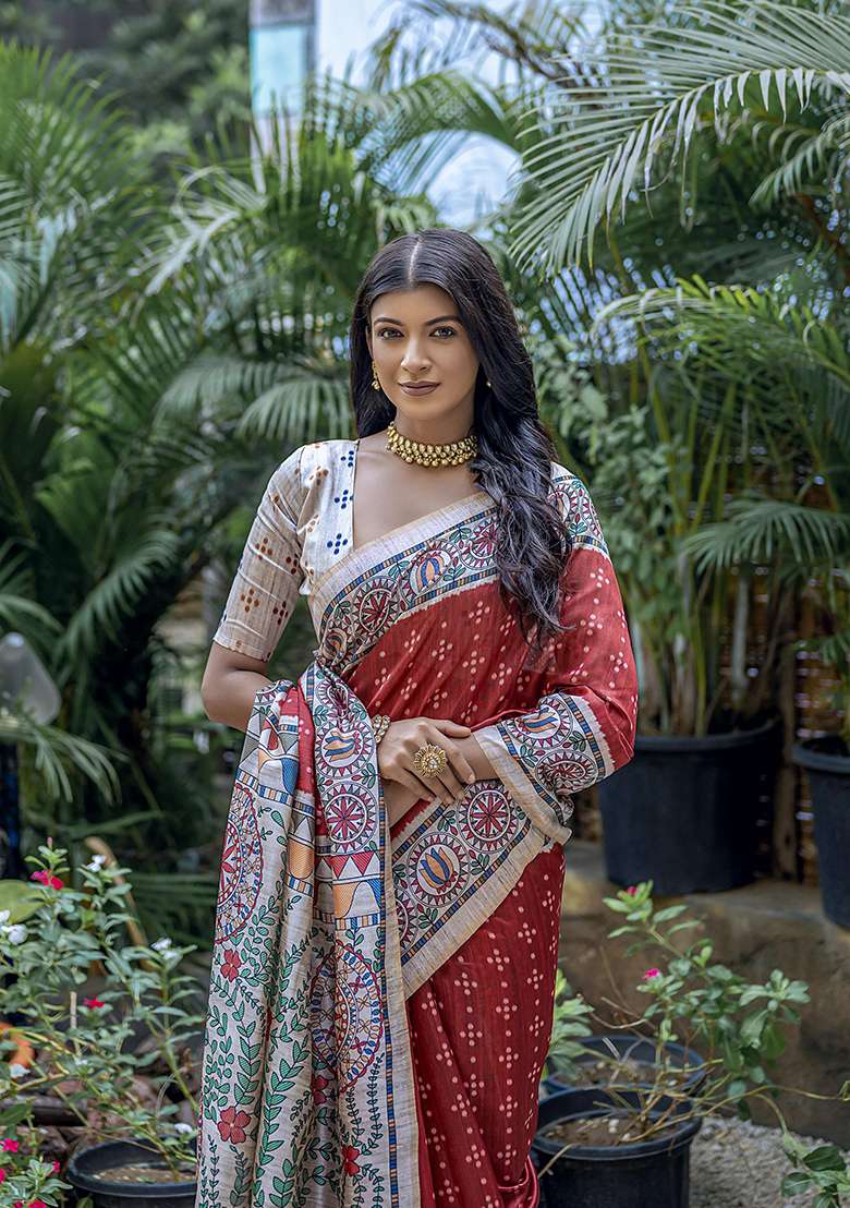 Red Printed Silk Saree Set for Diwali and Festive Wear - Indya