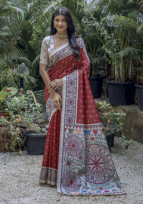Red Printed Silk Saree Set
