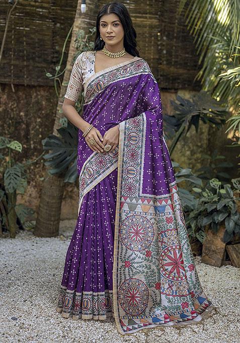 Purple Printed Silk Saree Set