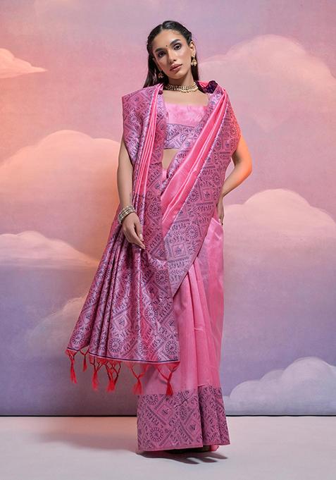 Baby Pink Woven Silk Saree Set