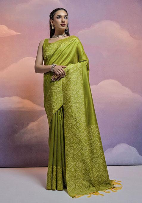 Green Woven Silk Saree Set