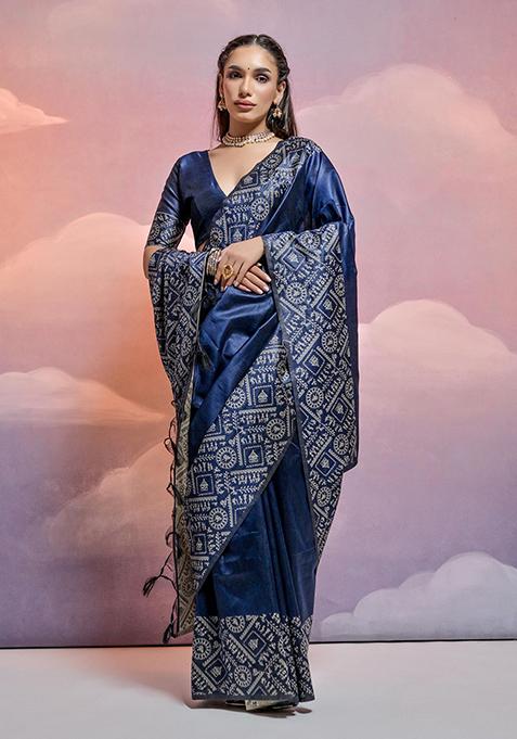 Navy Blue Woven Silk Saree Set