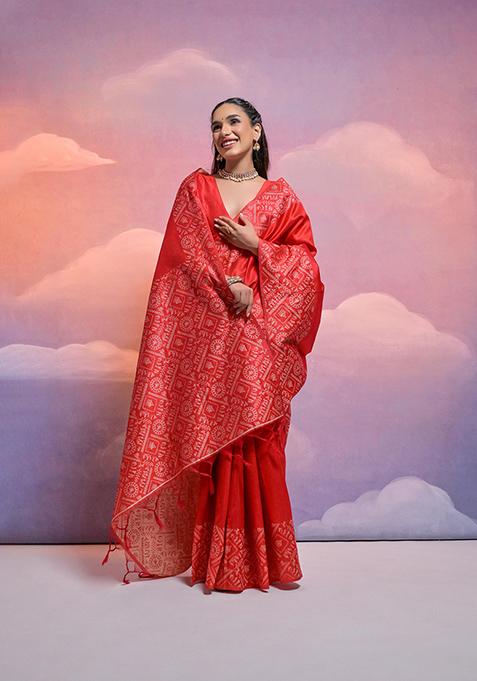 Red Woven Silk Saree Set