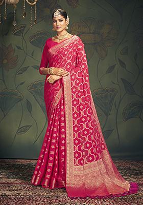 Pink Woven Georgette Saree Set